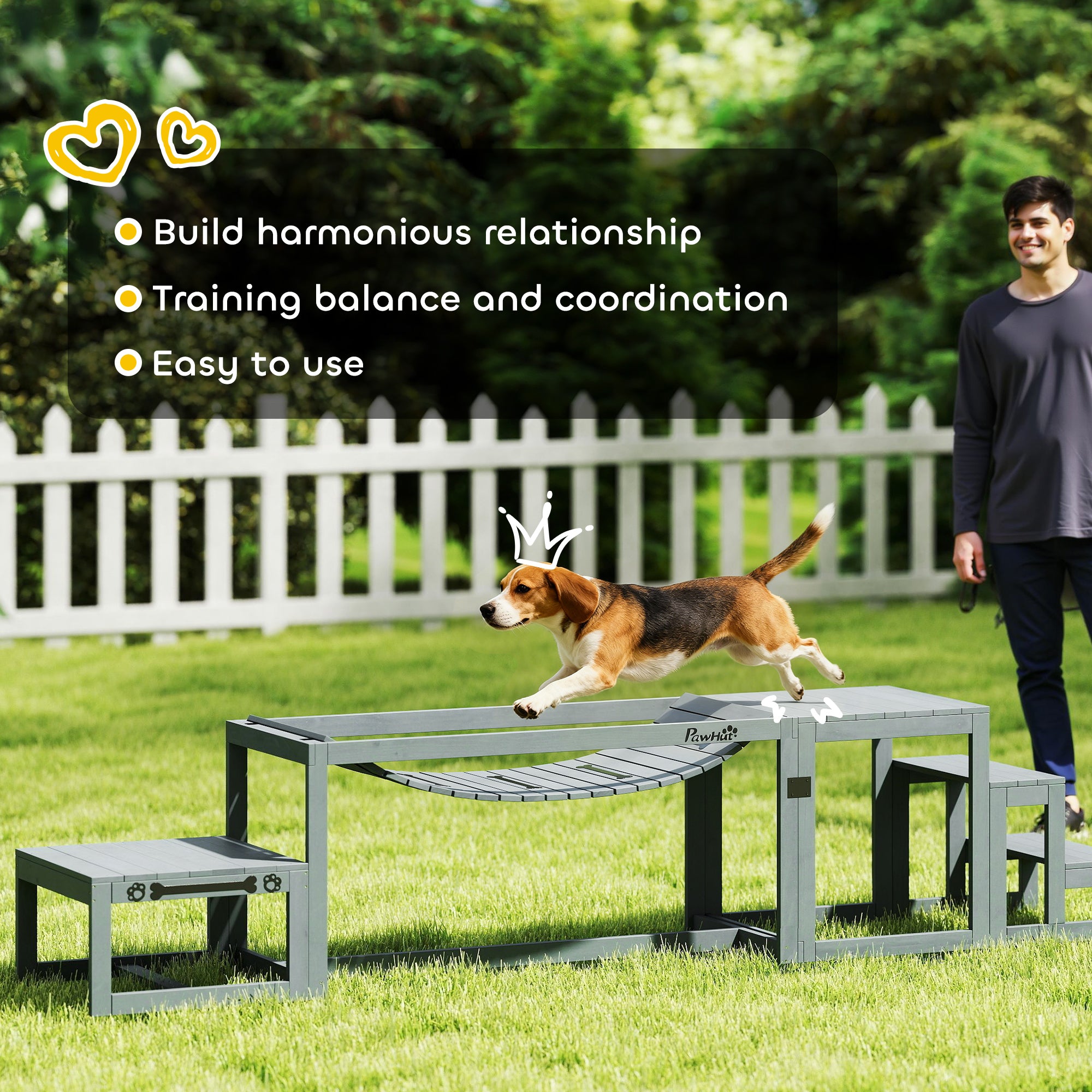 PawHut 3 Pieces Wooden Dog Agility Training Equipment with Soft Bridge, Pause Platform and Pet Stair for Outdoor, Grey 