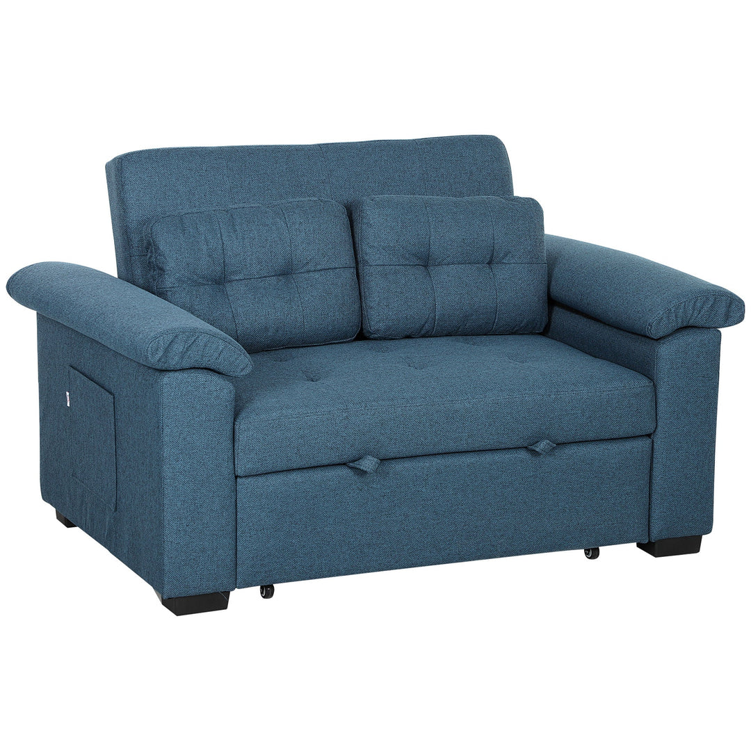 HOMCOM Pull Out Sofa Bed with 2 Pocket Springs, Fabric 2 Seater Click Clack Sofa Bed Settee, Convertible Sofa Couch with Pillows and Side Pockets for Living Room, Home Office, Blue 