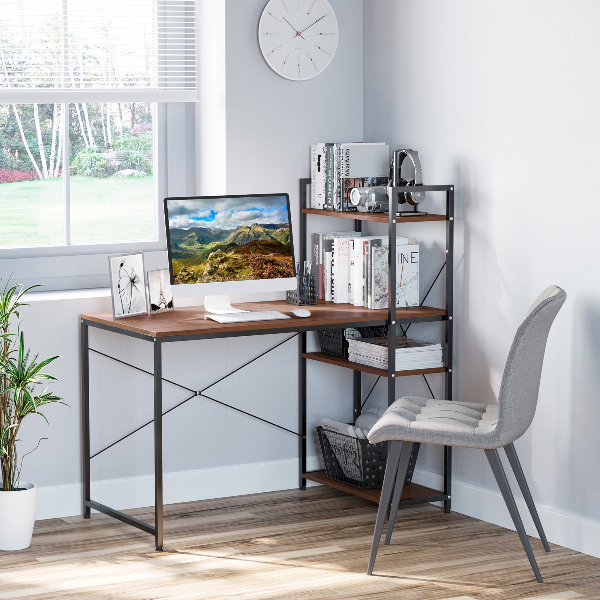 HOMCOM Computer Desk with Storage Shelves on Left or Right, Industrial Reversible Writing Desk for Home Office, Study, Easy Assembly, 120 x 64 x 121cm, Walnut and Black 