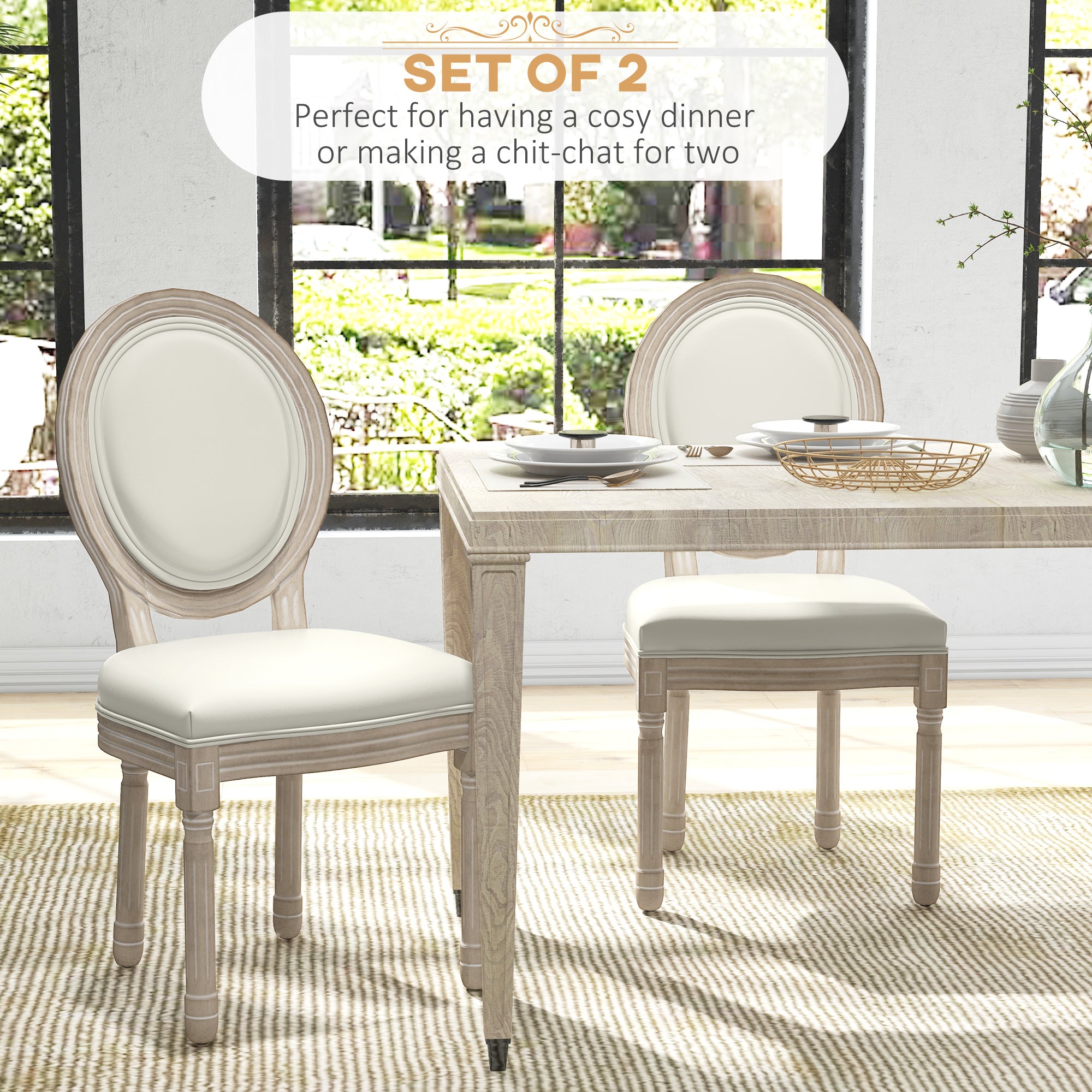 HOMCOM Set of Two French Style Wooden Dining Chairs - Cream White