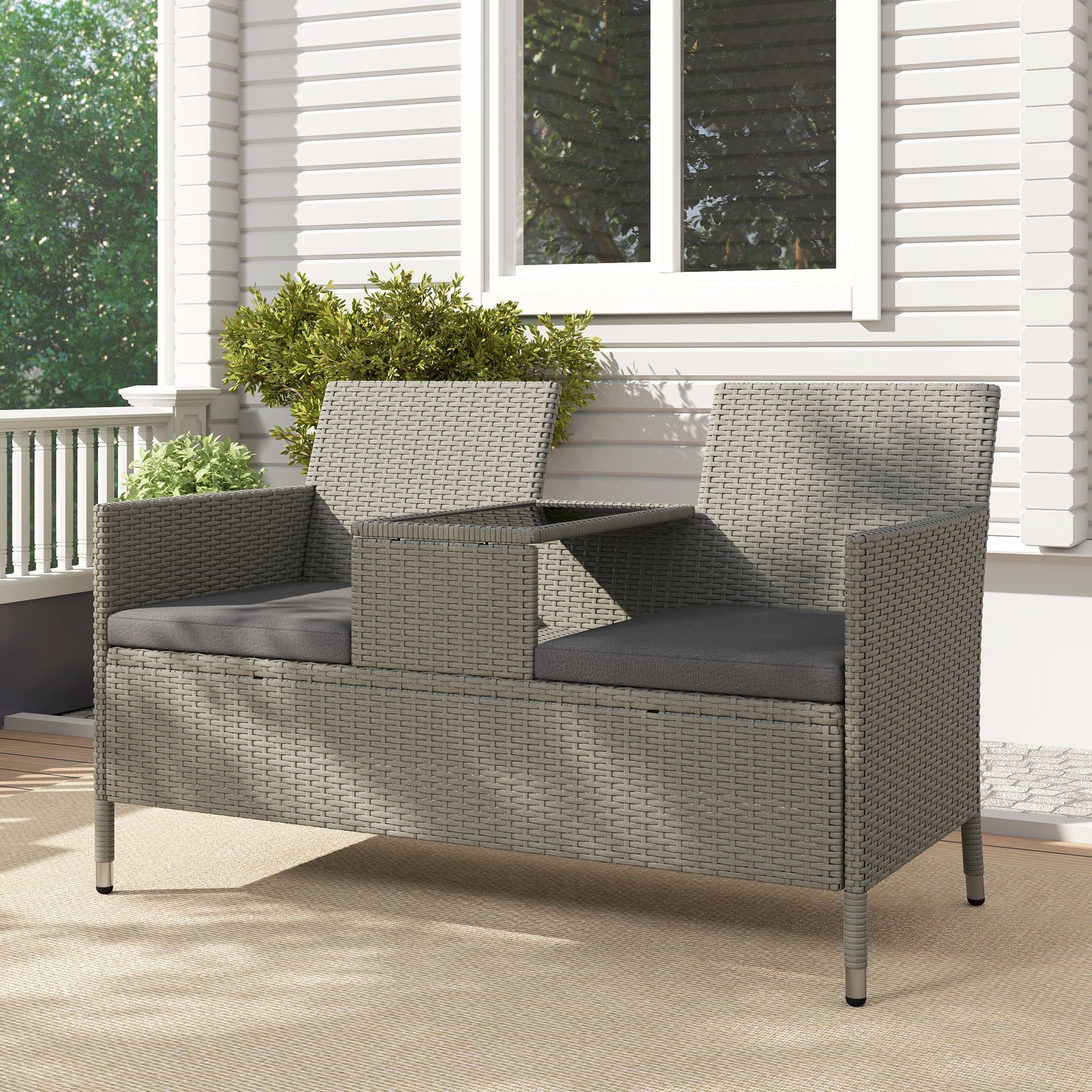 Outsunny 2-Seater PE Rattan Outdoor Garden Bench w/ Centre Table Grey 