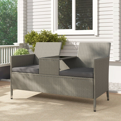 Outsunny 2-Seater PE Rattan Outdoor Garden Bench w/ Centre Table Grey 