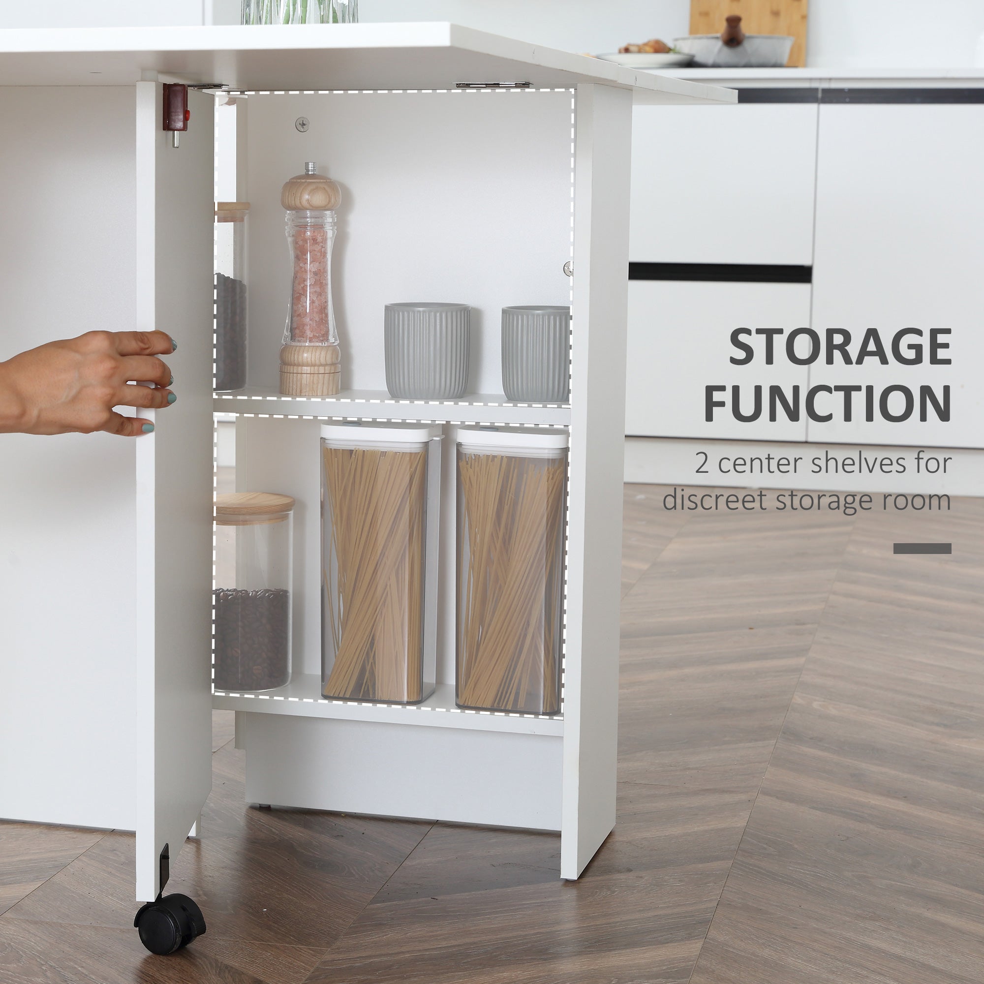 HOMCOM Folding Dining Table, Drop Leaf Table with 2-Tier Shelves, Rolling Casters, for Small Spaces, Kitchen, White 