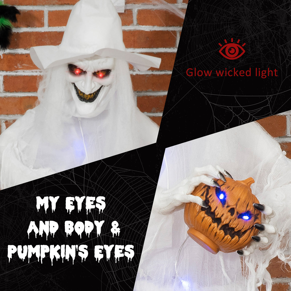 Outsunny 74 Inch Halloween Decorations White Witch Holding Pumpkin Head, Standing Skeleton Ghost Prop Life Size with Light Up Eyes and Body 