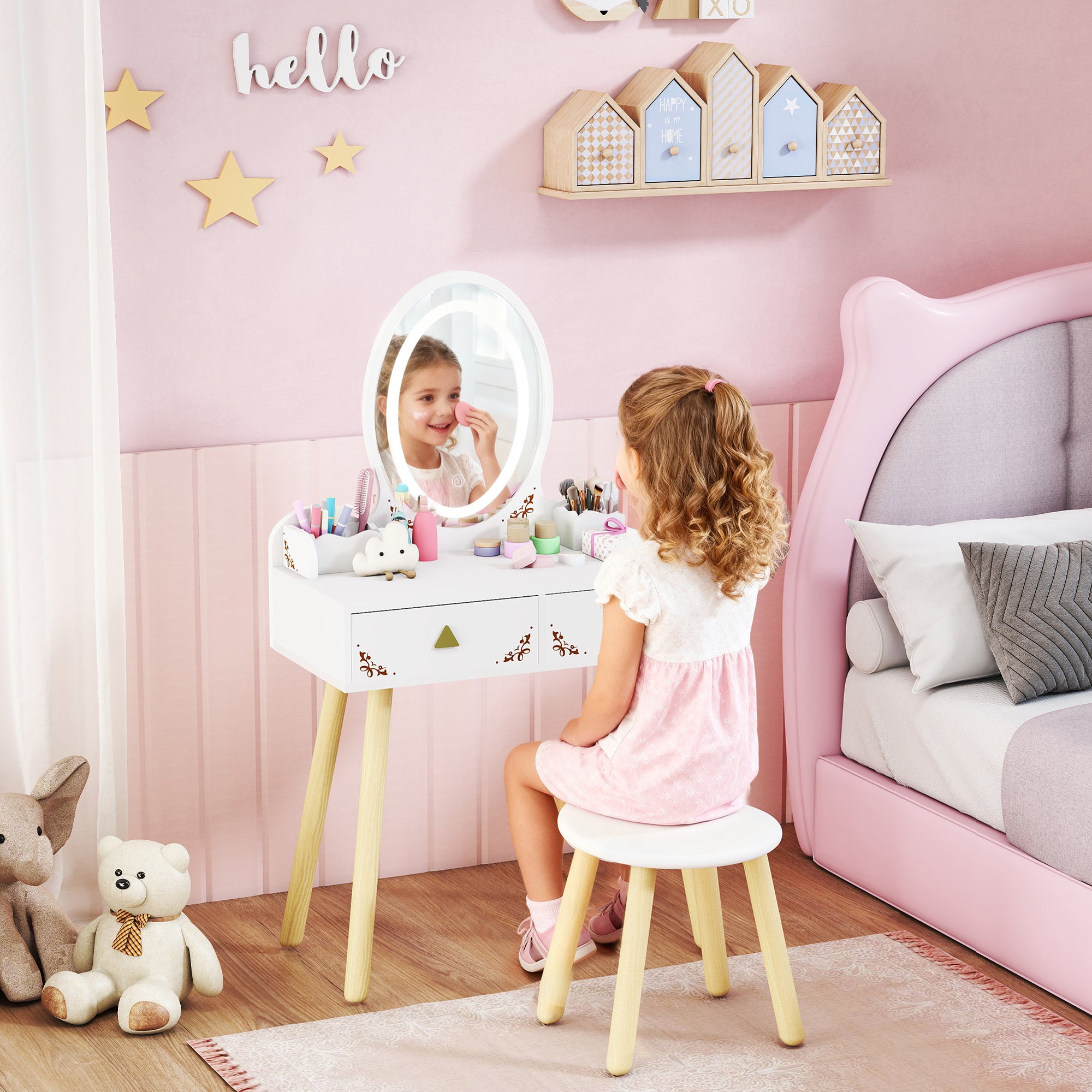 AIYAPLAY Kids Vanity Table and Chair Set with 3-Colour LED Lights Mirror, Drawer, Storage Boxes, for 3+ Years, White 