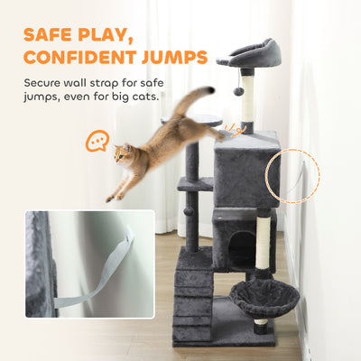 PawHut 160cm Large Cat Tree Tower with Sisal Scratching Posts, Condos, Plush Perches, Hammock, Ladder, Dark Grey 