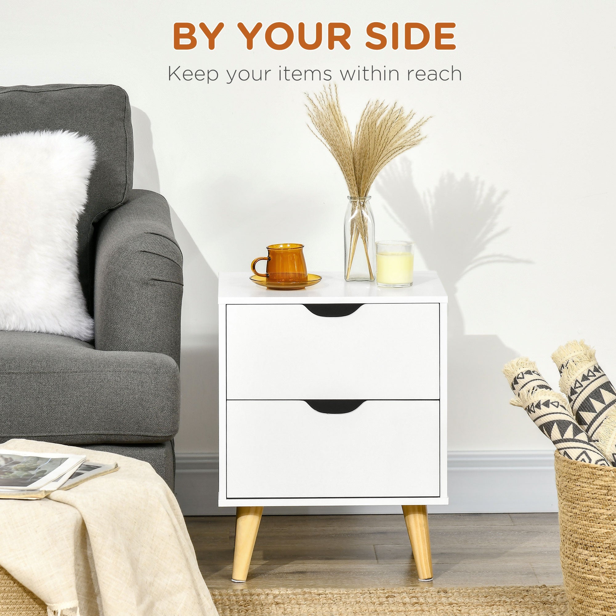 HOMCOM Bedside Table, Bedside Cabinet with 2 Drawers, Side End Table with Pine Wood Legs for Bedroom Living Room, White 
