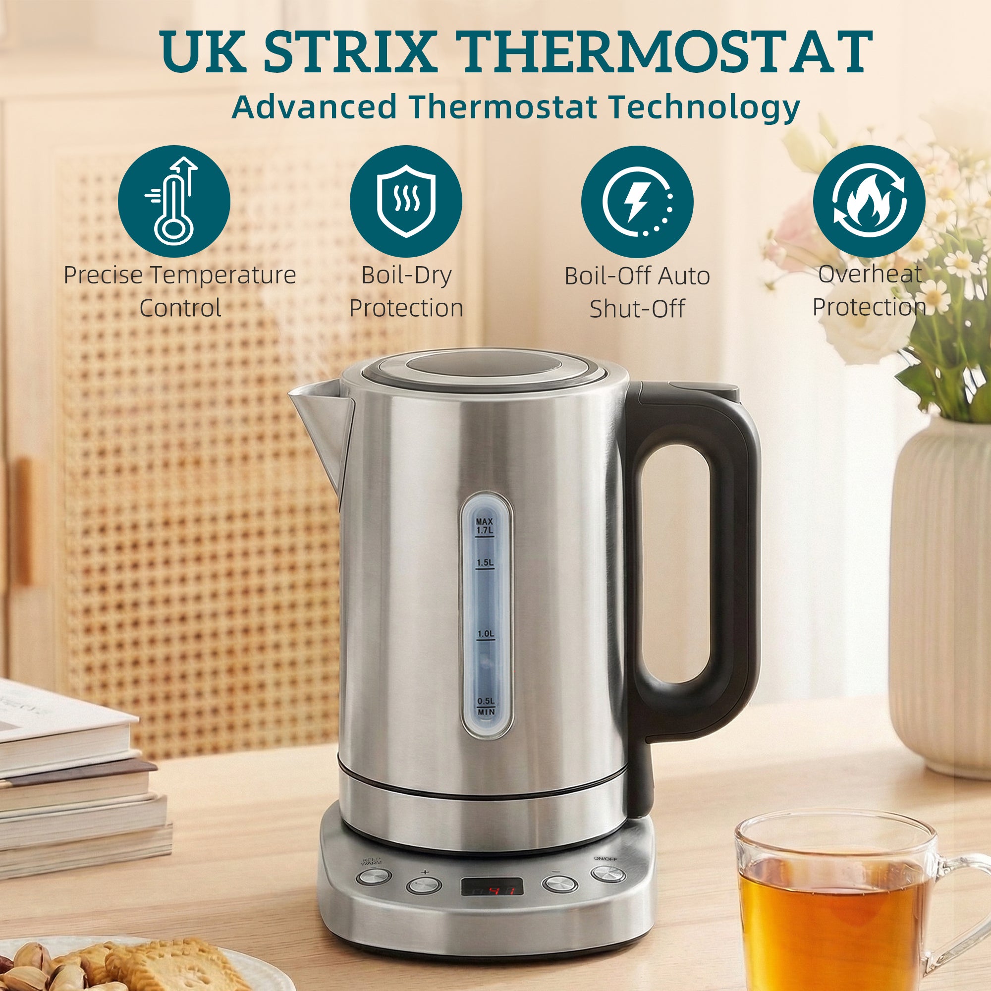 HOMCOM Electric Kettle, 1.7L, Fast Boil, 3kW Water Kettle with UK Strix Thermostat, Keep Warm Function, LCD Base, Silver Tone 
