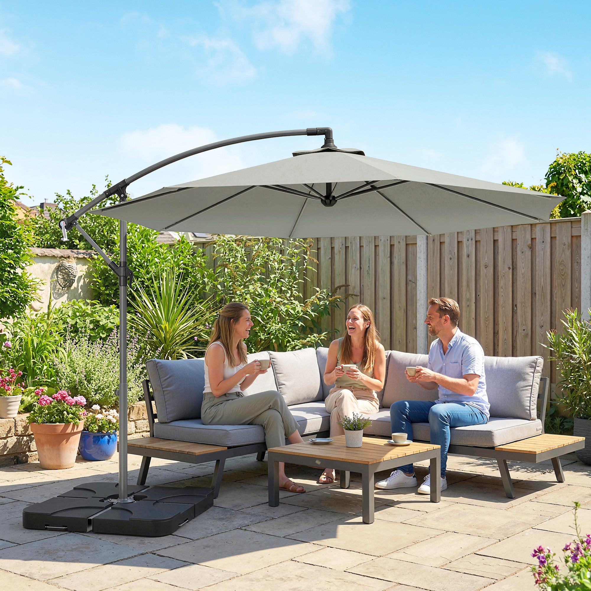 Outsunny 3m Overhanging Parasol, with Base, Weights and Cover - Light Grey 
