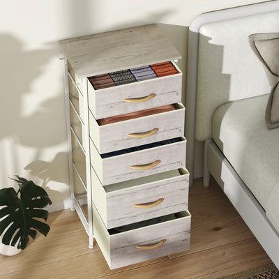 HOMCOM Chest of Five Fabric Drawers - Natural Wood Finish 