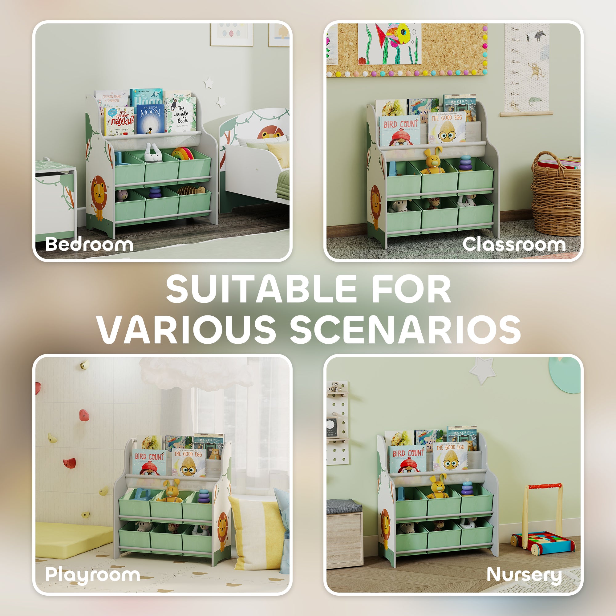 AIYAPLAY Kids Storage Unit, Toy Organiser with 6 Fabric Drawers and 2-Tier Sling Book Rack for Bedroom, Playroom, Nursery, Green 