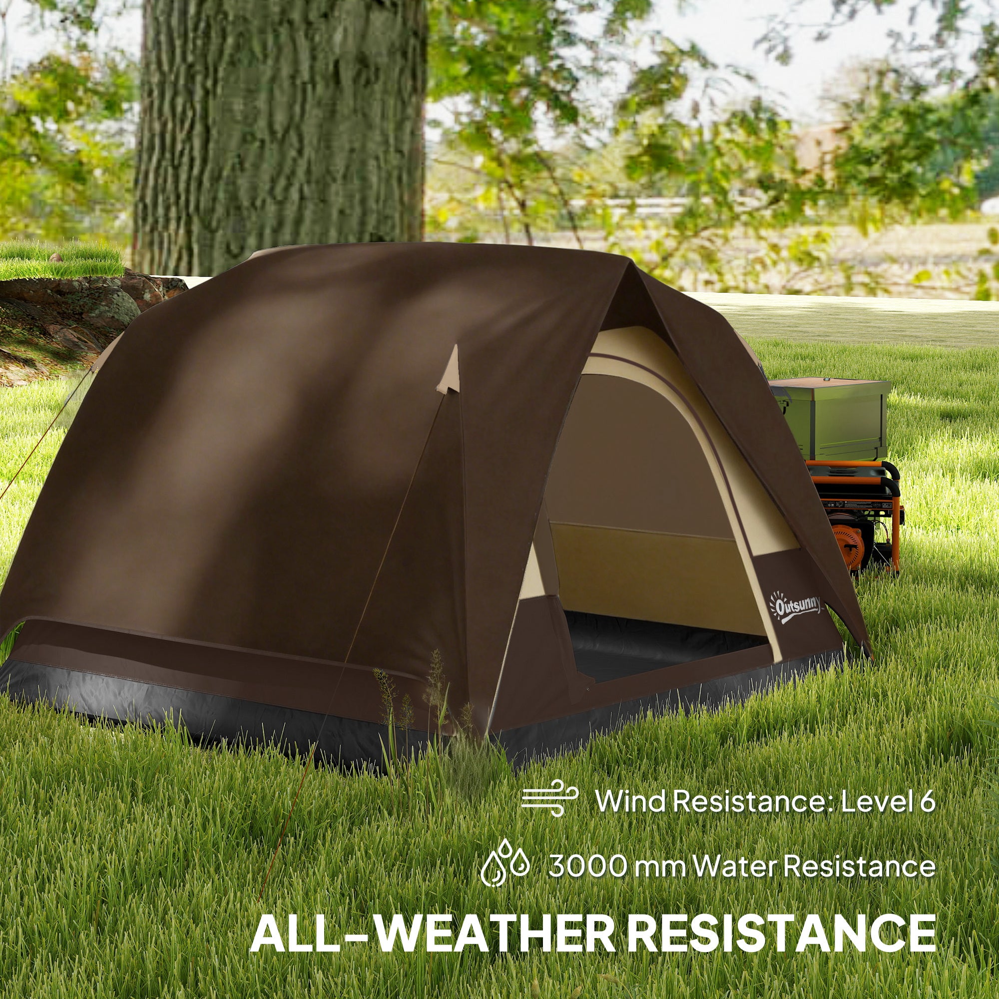 Outsunny 3-4 Person Camping Tent, Easy Set Up 3-4 Man Tent w/ Sewn-in Groundsheet, Waterproof Dome Tent w/ Mesh Windows, Brown 