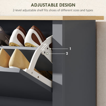 HOMCOM Slim Shoe Cabinet, Narrow Shoe Cupboard with 2 Flip Drawers, Adjustable Shelves for 12 Pairs of Shoes, Charcoal Grey