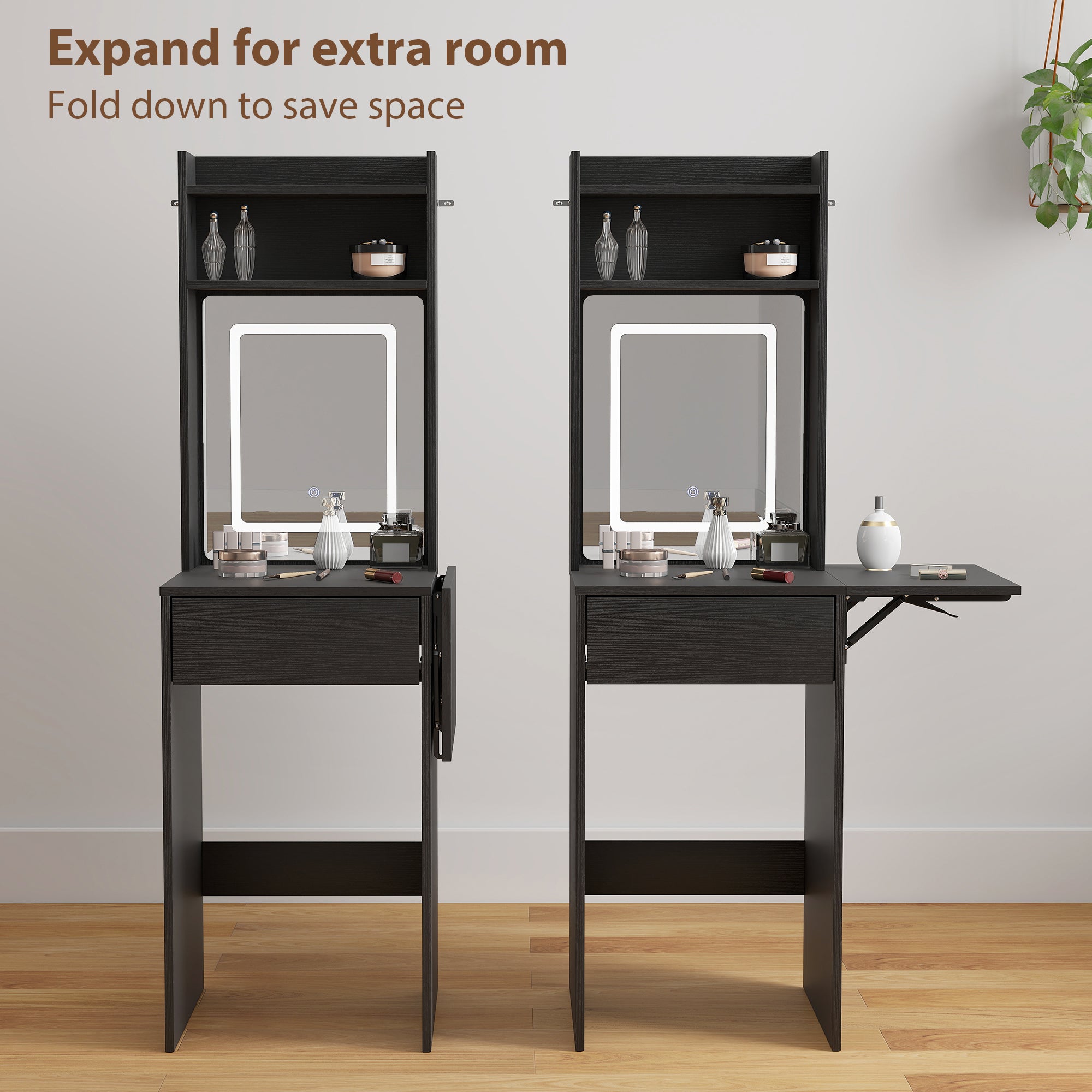 HOMCOM Small Vanity Desk with Mirror and LED Lights, Compact Dressing Table with Drop Leaf, Open Shelves and Drawer, Black 