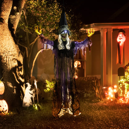 Outsunny 183 cm Life Size Halloween Animated Hanging Witch with Glowing LED Eyes, Spooky Witch Scary Halloween Decorations, Battery Operated, Indoor Party Props