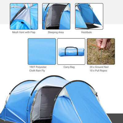 Outsunny 2-3 Man Tunnel Tent with Vestibule, Weather-Resistant Camping Tent with Air Vents for Fishing Hiking, Light Blue & Grey 
