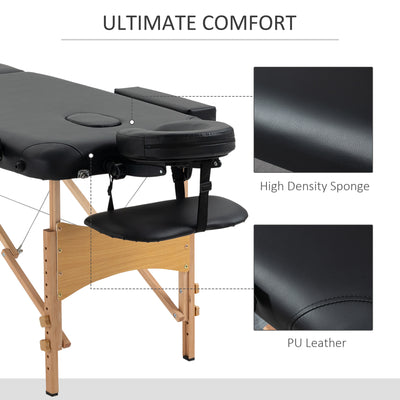 HOMCOM Portable Massage Bed, Folding Spa Beauty Massage Table with 2 Sections, Carry Bag and Wooden Frame, Black 