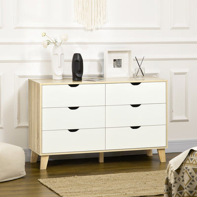HOMCOM Bedroom Chest of Drawers, Wide 6-Drawer Dresser, Storage Drawer Unit with Wood Legs for Living Room, White and Light Brown 