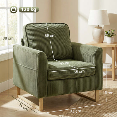 HOMCOM Accent Chair with Spring, Modern Industrial Armchair with Metal Legs for Livingroom Dark Green 