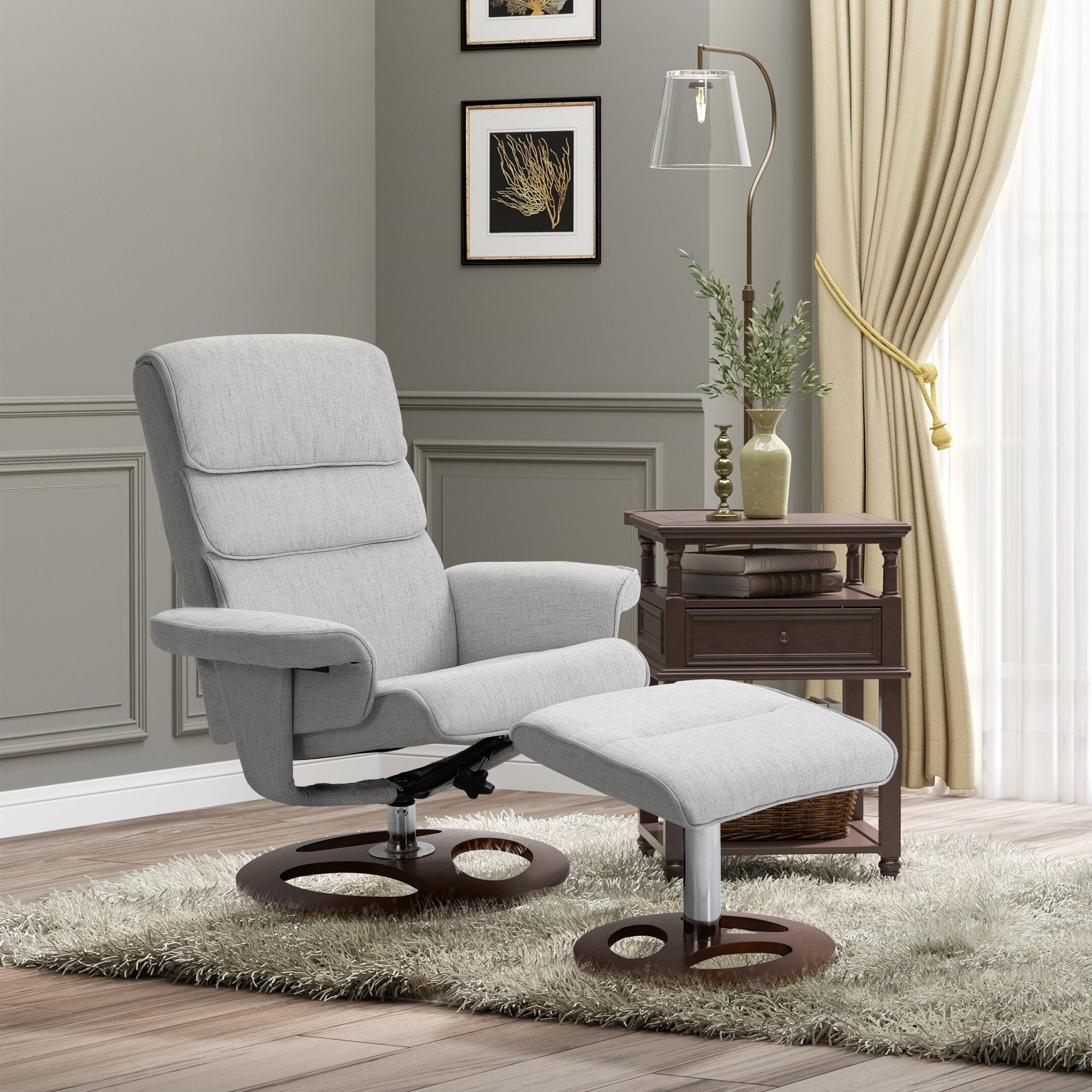 HOMCOM Recliner Chair Ottoman Set 360\'c2\'b0 Swivel Sofa Stool Modern Soft Thick Padding Wood Base Grey 