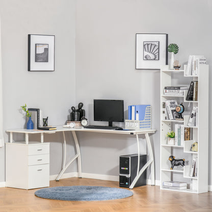 HOMCOM L-Shaped Computer Desk Table with Storage Drawer, Home Office Desk Corner Industrial Style Workstation for A4 Files 143.5 x 143.5 x 76cm, White 