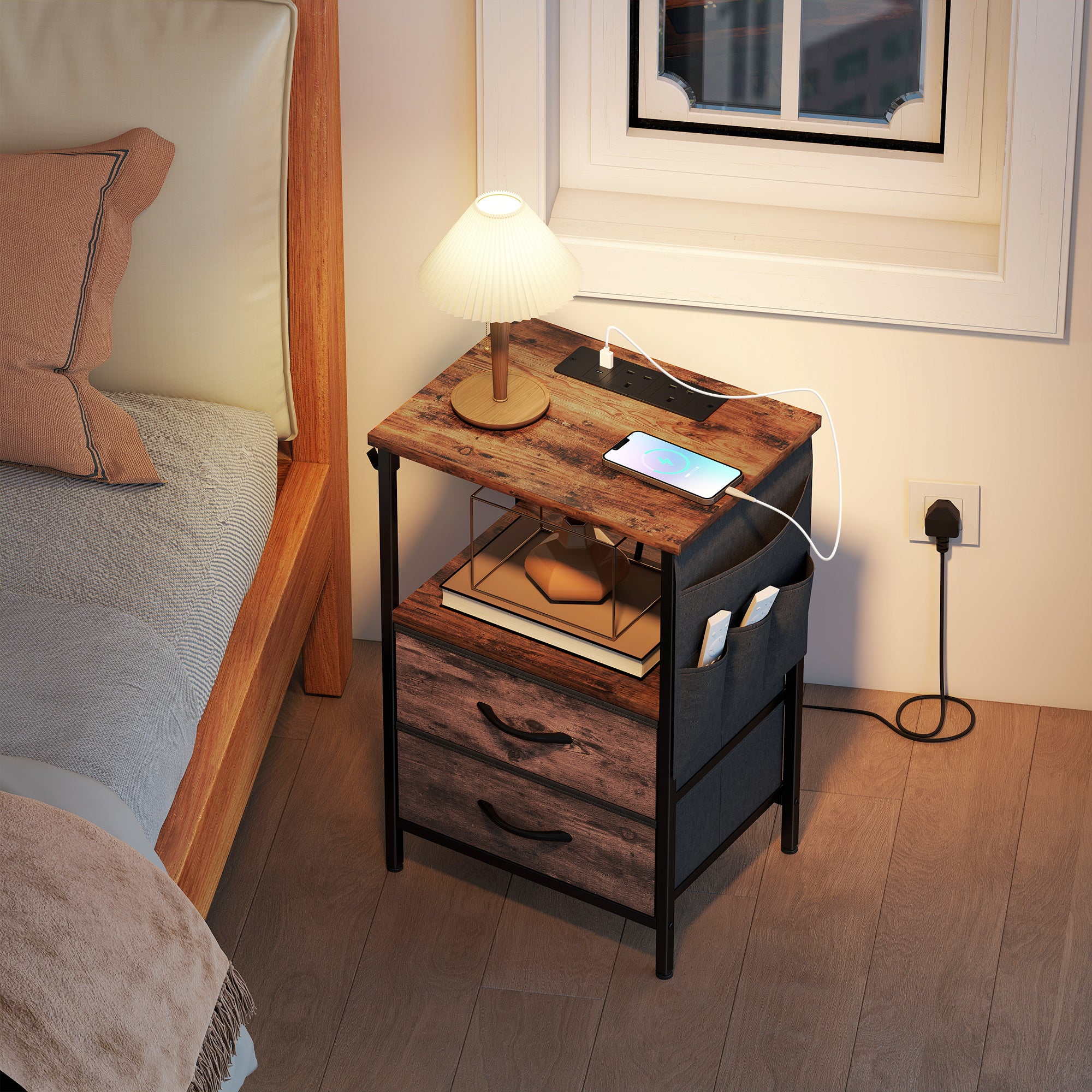 HOMCOM Bedside Table with Charging Station - Rustic Brown 