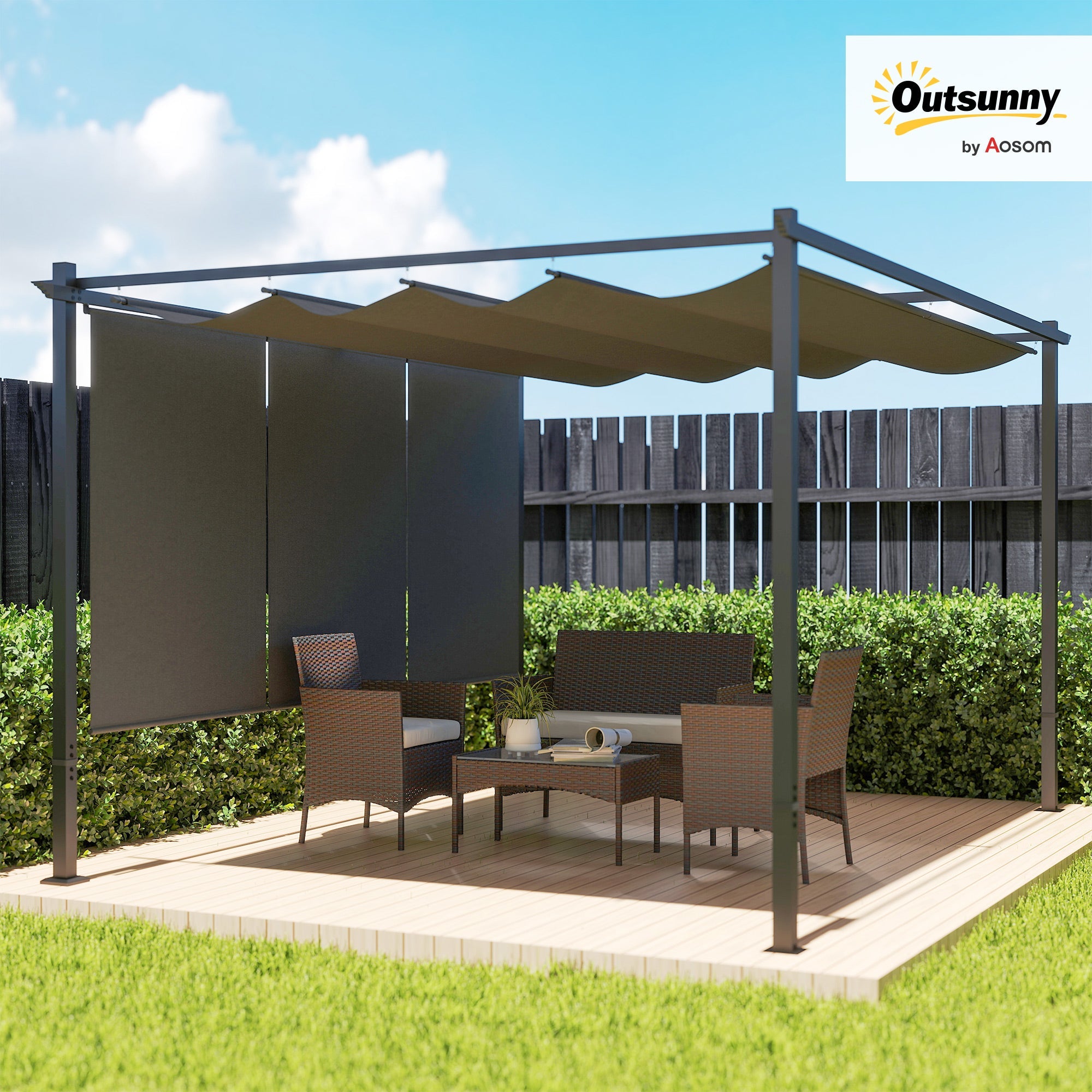 Outsunny 3 x 4m Metal Pergola with Retractable Roof and Roller Shade, Wall-Mounted or Free Standing Garden Gazebo Canopy Pergola Kit, UPF30+ Outdoor Sun Shade Shelter, Grey 