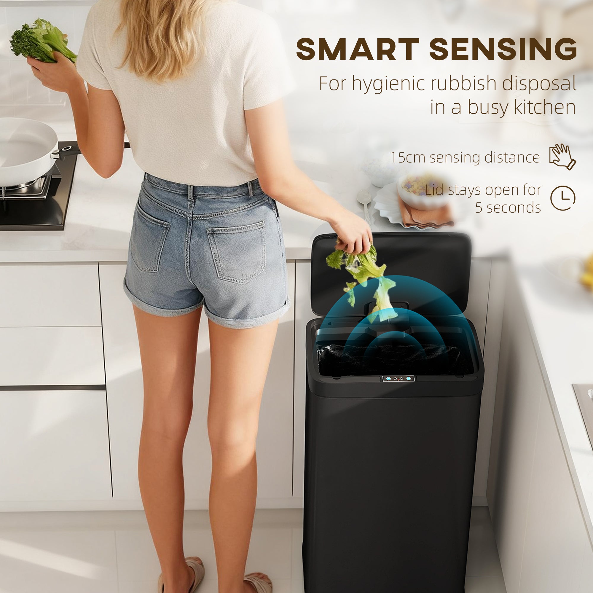 HOMCOM 45L Kitchen Sensor Bin - Black 