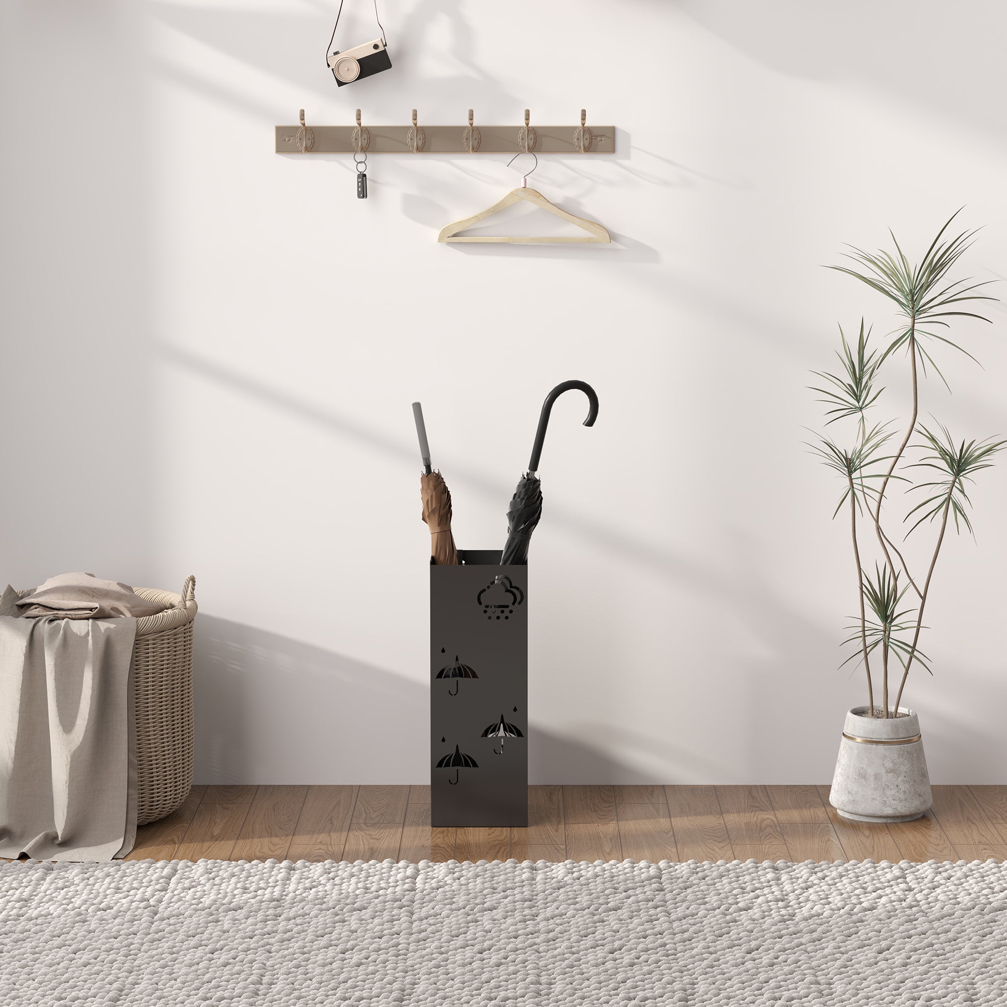 HOMCOM Metal Umbrella Stand, Square Umbrella Holder with Removable Drip Tray and 4 Hooks, Decorative Umbrella Storage Rack for Hallway, Entryway, 15.5 x 15.5 x 41 cm, Black 
