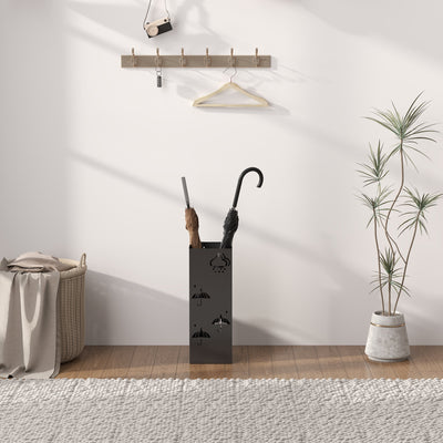 HOMCOM Metal Umbrella Stand, Square Umbrella Holder with Removable Drip Tray and 4 Hooks, Decorative Umbrella Storage Rack for Hallway, Entryway, 15.5 x 15.5 x 41 cm, Black 