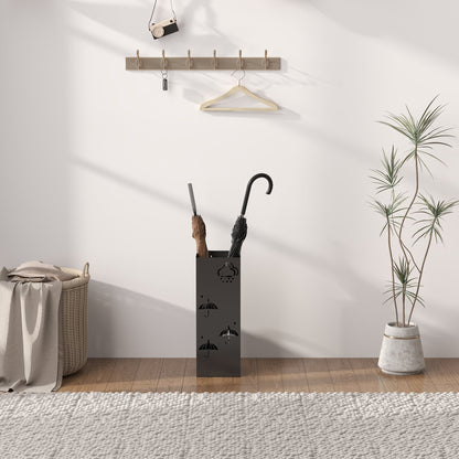 HOMCOM Metal Umbrella Stand, Square Umbrella Holder with Removable Drip Tray and 4 Hooks, Decorative Umbrella Storage Rack for Hallway, Entryway, 15.5 x 15.5 x 41 cm, Black 