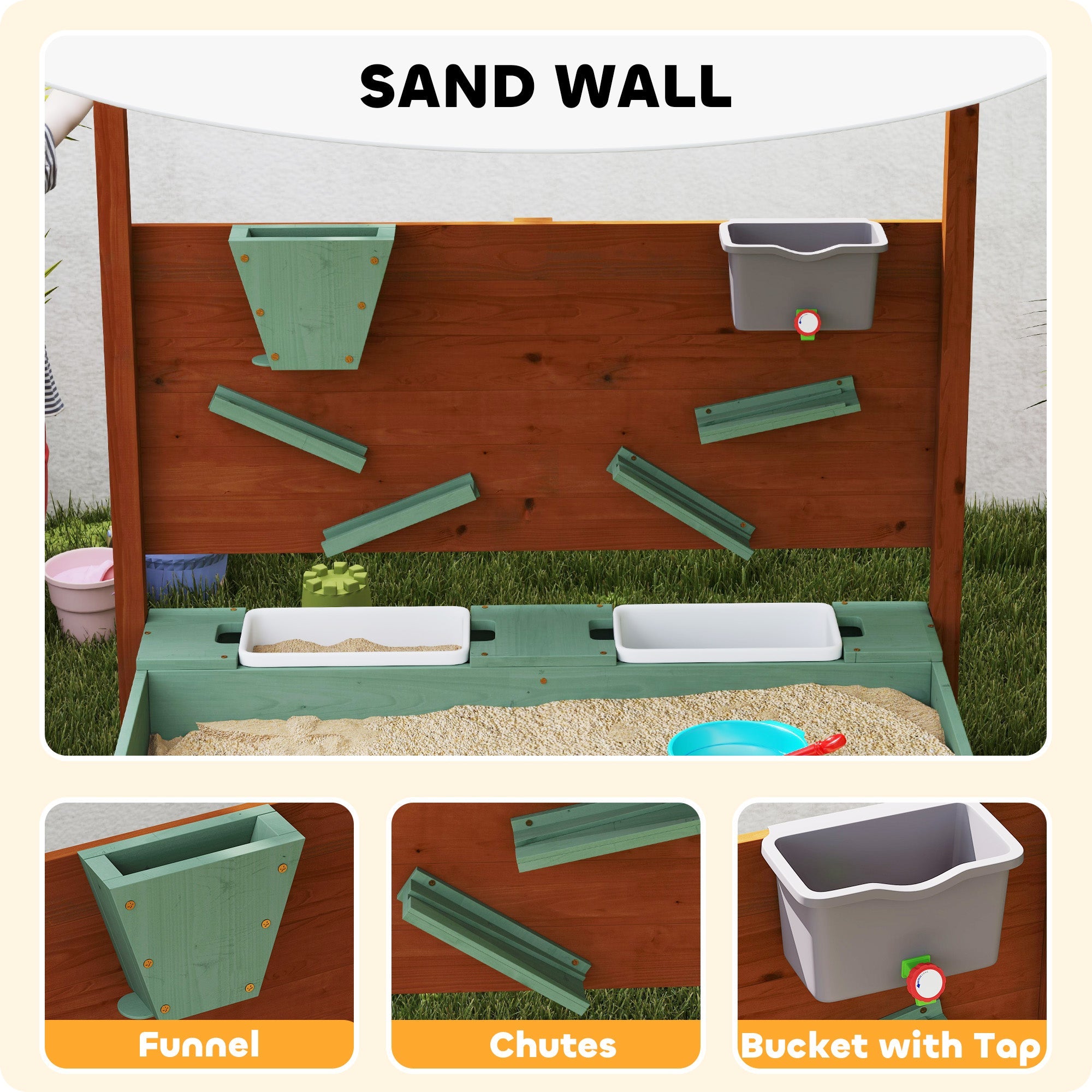 AIYAPLAY Wood Sandpit with Canopy, Storage Bins, Funnel, Liner, Chutes, Bucket with Tap, 116 x 112.5 x 128 cm, Green 