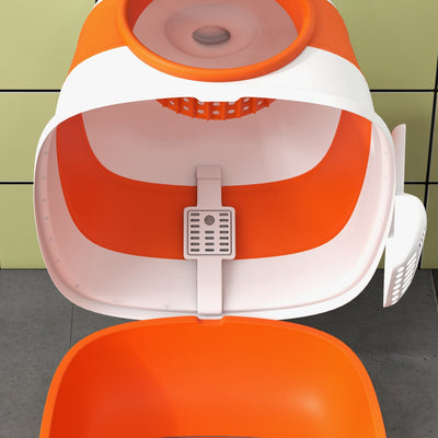 PawHut Foldable Cat Litter Tray with Lid, Deodorant, Scoop, Orange 
