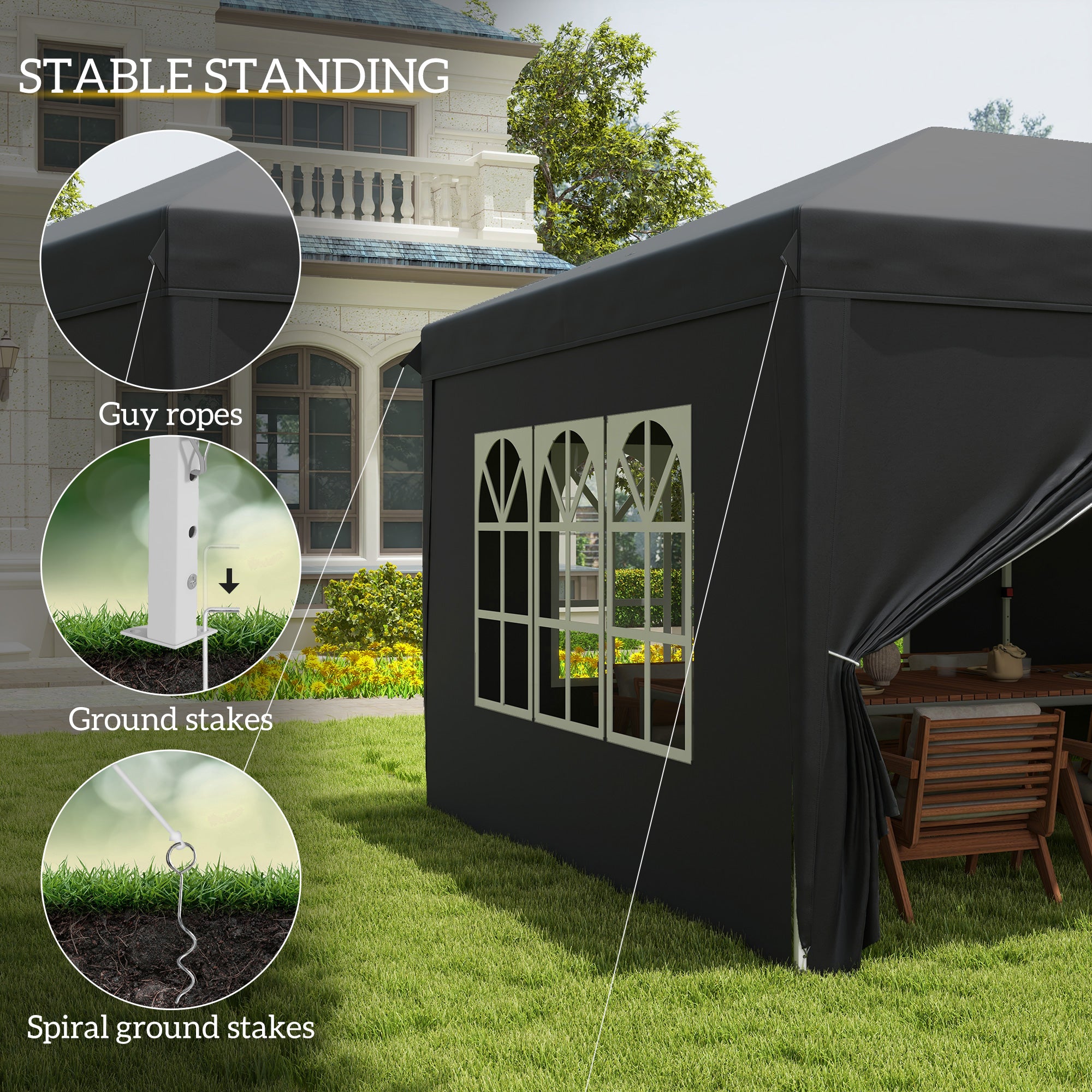 Outsunny 3 x 6 m Pop Up Gazebo with Sides and Windows, Height Adjustable Wedding Camping Party Tent Canopy Marquee with Storage Bag for Garden, Event, Black