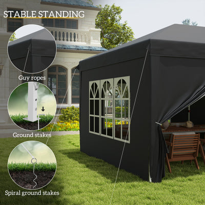Outsunny 3 x 6 m Pop Up Gazebo with Sides and Windows, Height Adjustable Wedding Camping Party Tent Canopy Marquee with Storage Bag for Garden, Event, Black 