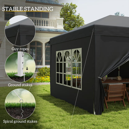 Outsunny 3 x 6 m Pop Up Gazebo with Sides and Windows, Height Adjustable Wedding Camping Party Tent Canopy Marquee with Storage Bag for Garden, Event, Black