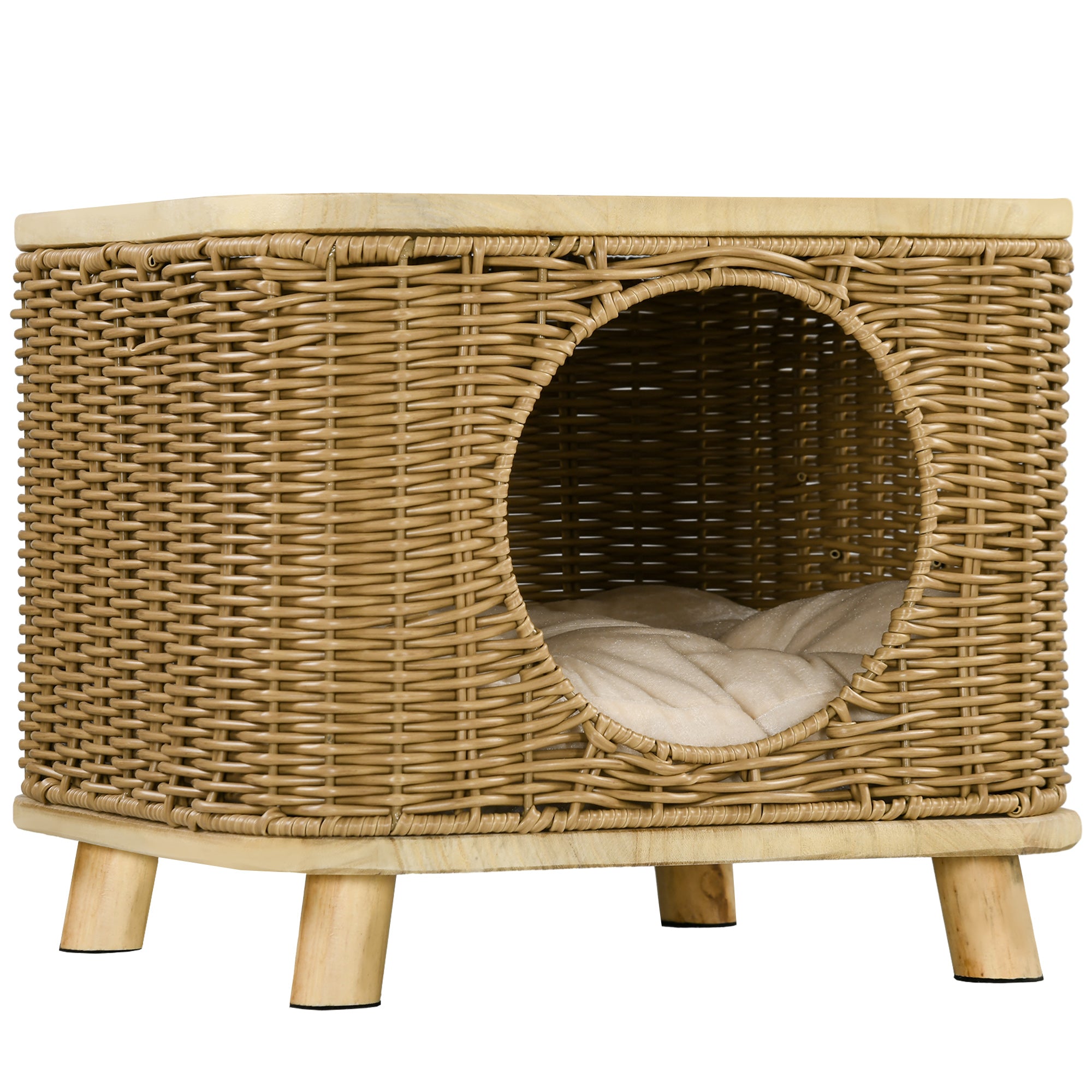 PawHut Elevated Design Wicker Cat House with Washable Cushion, Light Brown 
