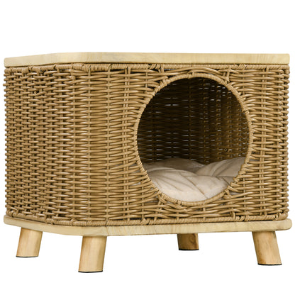 PawHut Elevated Design Wicker Cat House with Washable Cushion, Light Brown 