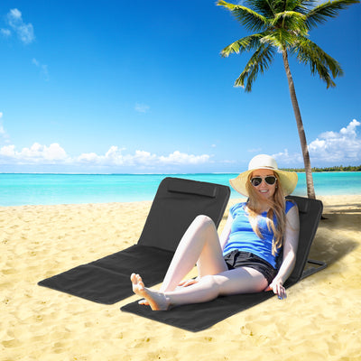 Outsunny Set of 2 Foldable Garden Beach Chair Mat Lightweight Outdoor Sun Lounger Seats Adjustable Back Metal Frame PE Fabric Head Pillow w/ Carry Bag, Black 