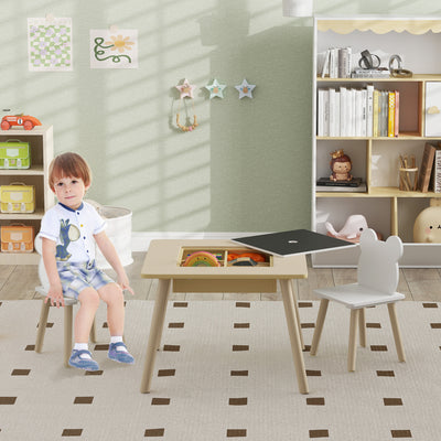 AIYAPLAY 3-Piece Kids Table and Chairs Set with Convertible Desk and Storage Grid, Kids Activity Table for Nursery, Playroom 
