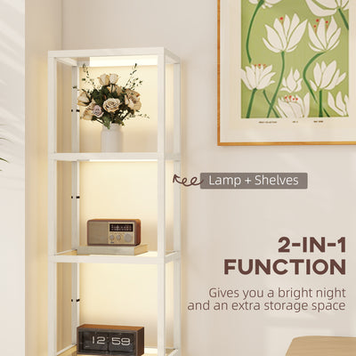 HOMCOM LED Floor Lamp with Glass Shelves, 4 Layers Dimmable Tall Standing Lamp, Modern Column Shelf Floor Light for Living Room, Bedroom, Office, Oak 