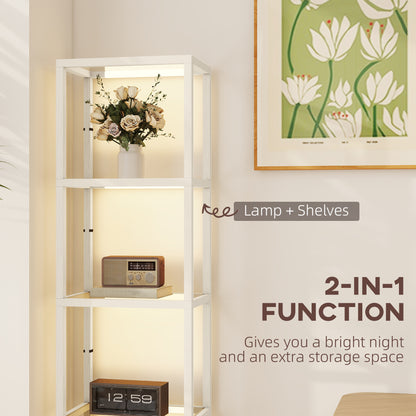 HOMCOM LED Floor Lamp with Glass Shelves, 4 Layers Dimmable Tall Standing Lamp, Modern Column Shelf Floor Light for Living Room, Bedroom, Office, Oak