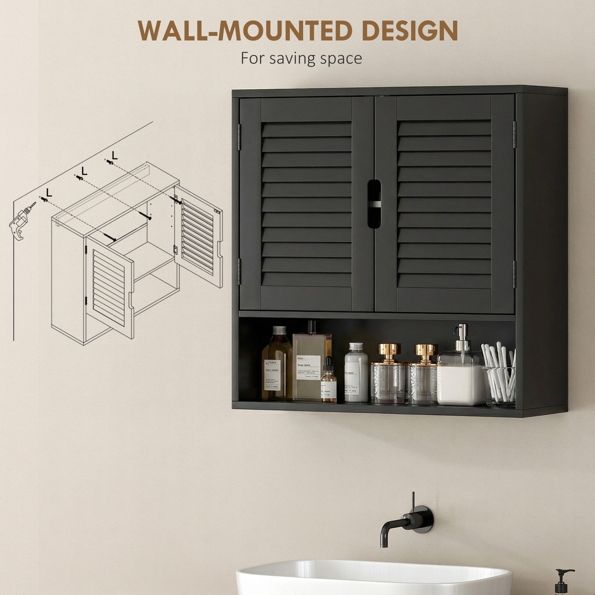 HOMCOM Bathroom Cabinet, Wall Mounted Storage Cabinet with Adjustable Shelves, 60 x 20 x 60 cm, Black 