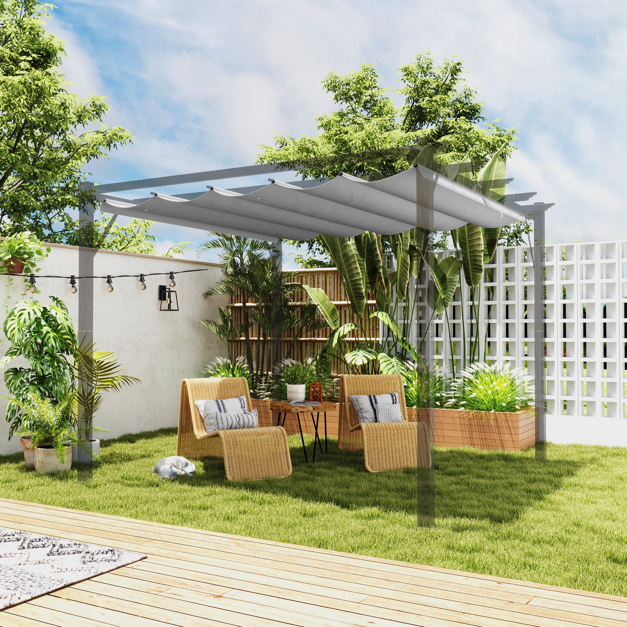 Outsunny Retractable Pergola Shade Cover, Replacement Canopy Fabric for 3 x 3 (m) Pergola, Gazebo Retractable Roof, Light Grey 