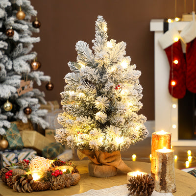 HOMCOM 60 cm Prelit Small Christmas Tree with 35 LED Lights, Snow Flocked Tabletop Mini Xmas Tree with 72 Dense Branches, Pine Cones, Berry Clusters and Linen Cover Base, Battery Operated, Green 