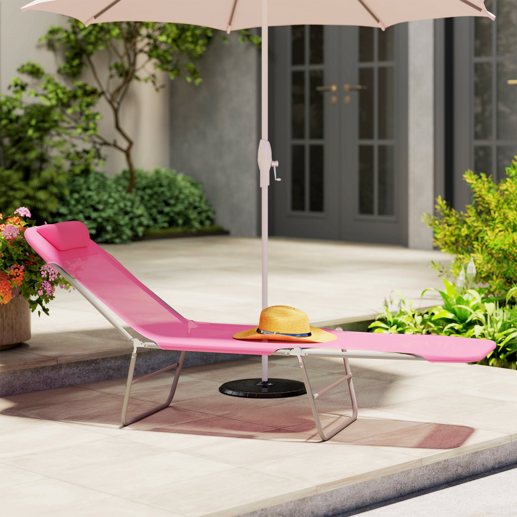 Outsunny Folding Sun Lounger with Head Pillow - Pink 