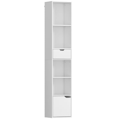 HOMCOM 6-Tier Bookcase, Tall Narrow Bookshelf with Drawer and Door - White 