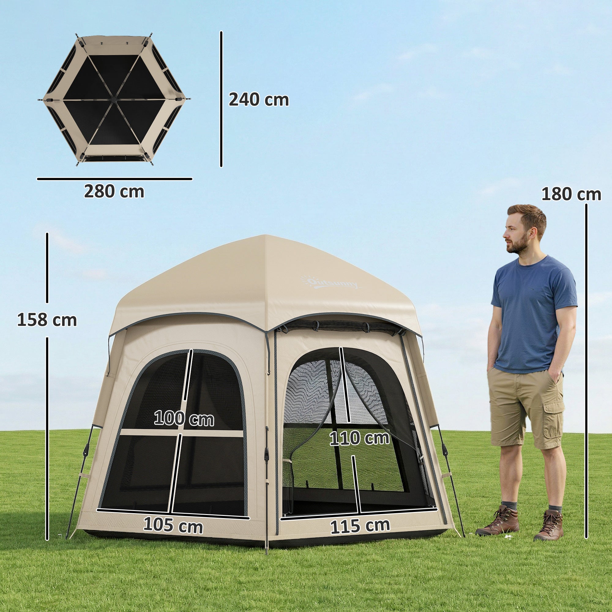 Outsunny Pop Up Tent 3000mm Waterproof Instant Camping Tent 3-4 Person with 2 Doors 4 Windows Khaki 