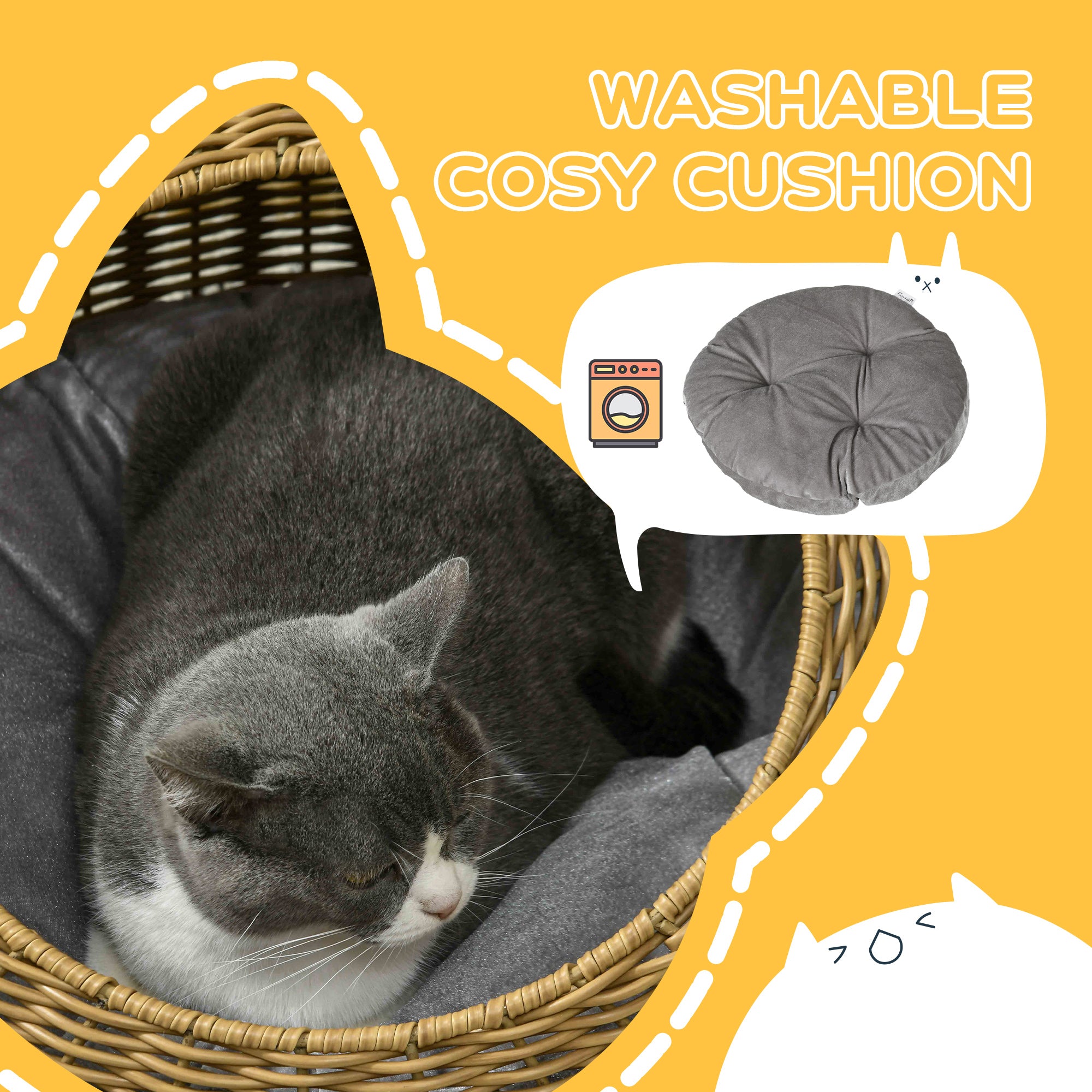PawHut Wicker Cat House with Washable Cushion for Indoor Cats, Light Brown 