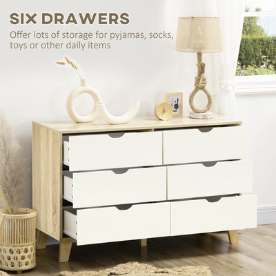 HOMCOM Bedroom Chest of Drawers, Wide 6-Drawer Dresser, Storage Drawer Unit with Wood Legs for Living Room, White and Light Brown 